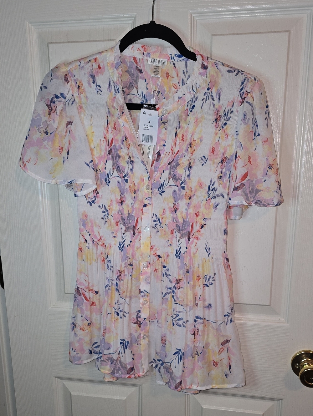 Spense White Floral Button-Front Blouse with Pastel Pink, Yellow & Blue Accents